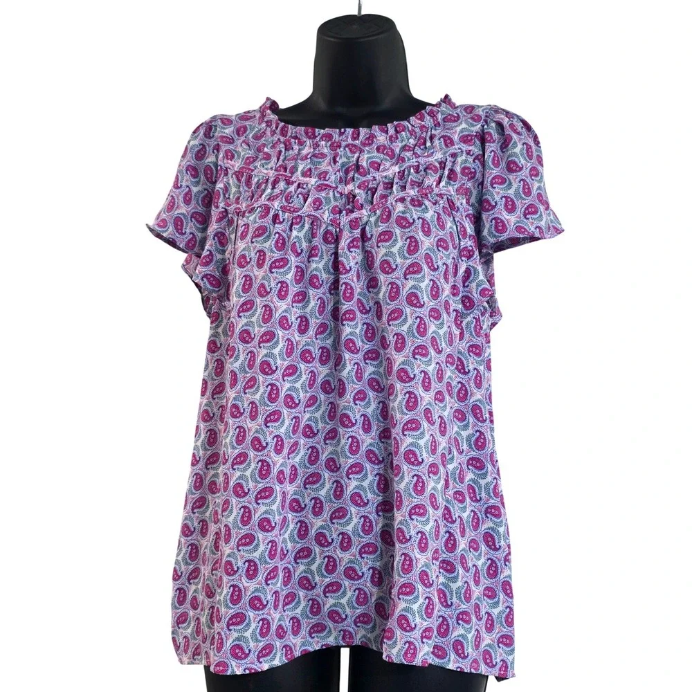 LOFT Womens Pink Purple Paisley Smocked Ruffle Neck Short Sleeve Blouse Size M